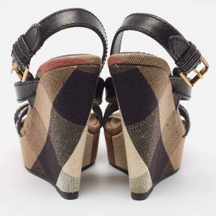 Pre Owned Burberry Beige/Black Canvas and Leather Nova Wedge Sandals Size 39