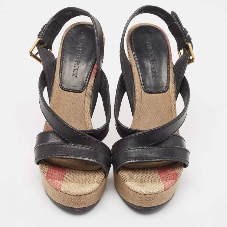 Pre Owned Burberry Beige/Black Canvas and Leather Nova Wedge Sandals Size 39