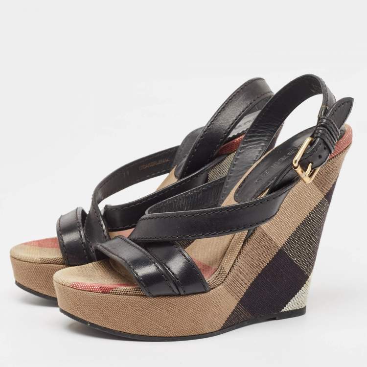 Pre Owned Burberry Beige/Black Canvas and Leather Nova Wedge Sandals Size 39