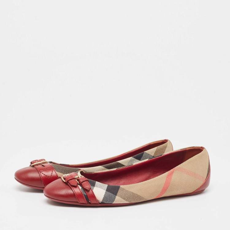 Pre Owned Burberry Burgundy/Beige Leather And Nova Check Canvas Buckle Detail Ballet Flats Size 40