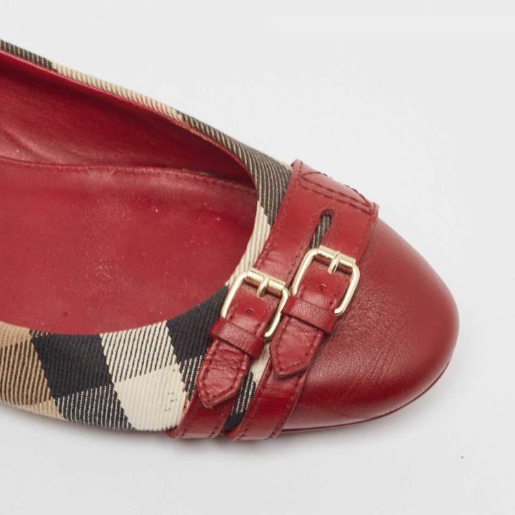 Pre Owned Burberry Burgundy/Beige Leather And Nova Check Canvas Buckle Detail Ballet Flats Size 40