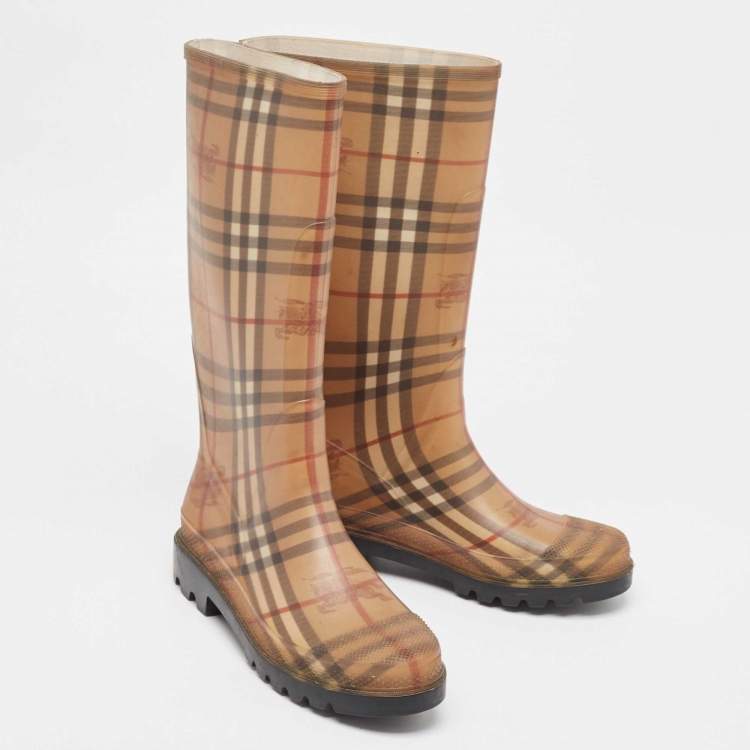 Pre Owned Burberry Beige House Check Rubber Rain Boots Size 40