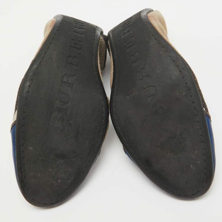 Pre Owned Burberry Blue/Beige Canvas and Leather Scrunch Ballet Flats Size 40