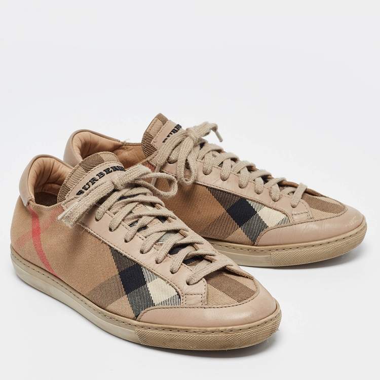 Pre Owned Burberry Beige Nova Check and Leather Low Top Sneakers Size 36