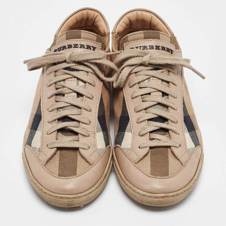 Pre Owned Burberry Beige Nova Check and Leather Low Top Sneakers Size 36