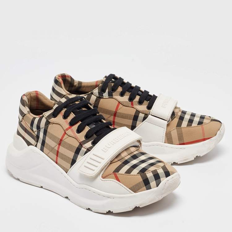 Pre Owned Burberry Beige/White House Check Fabric Regis Low Top Sneakers Size 39