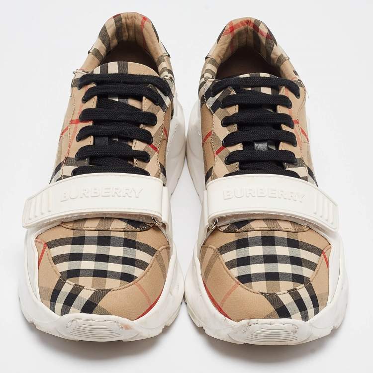 Pre Owned Burberry Beige/White House Check Fabric Regis Low Top Sneakers Size 39