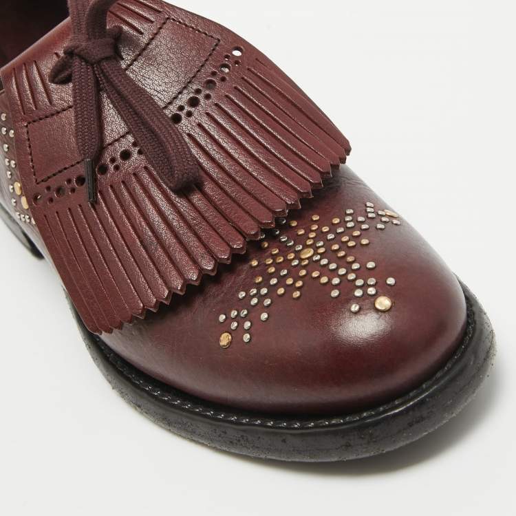 Pre Owned Burberry Burgundy Leather Studded Ampney Derby Size 37.5