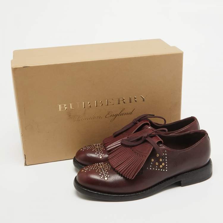 Pre Owned Burberry Burgundy Leather Studded Ampney Derby Size 37.5