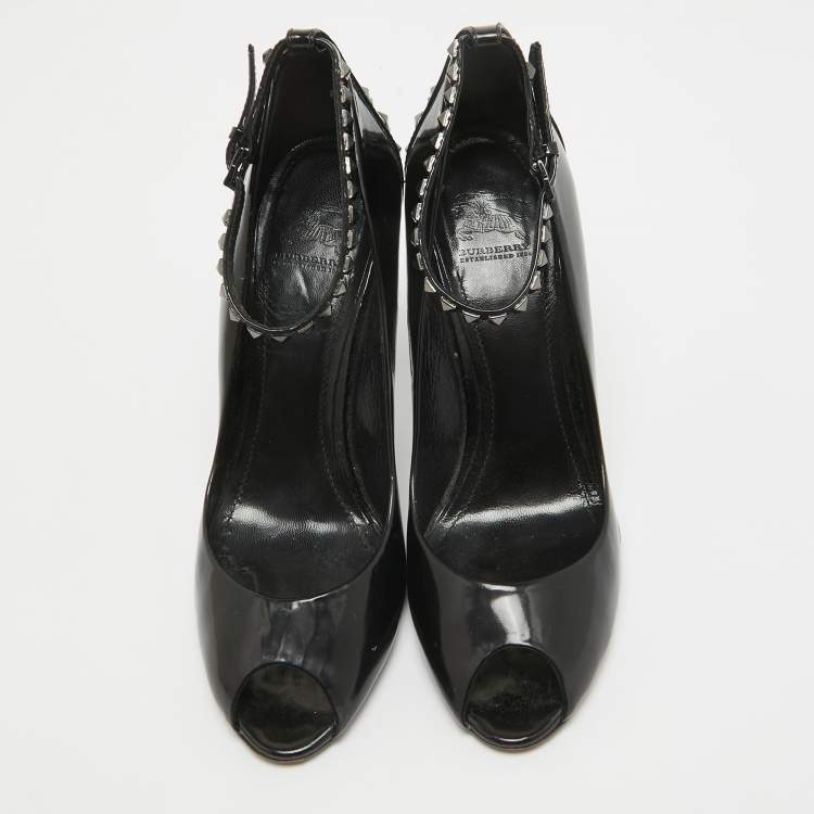 Pre Owned Burberry Black Patent Stud Peep Toe Pumps Size 40