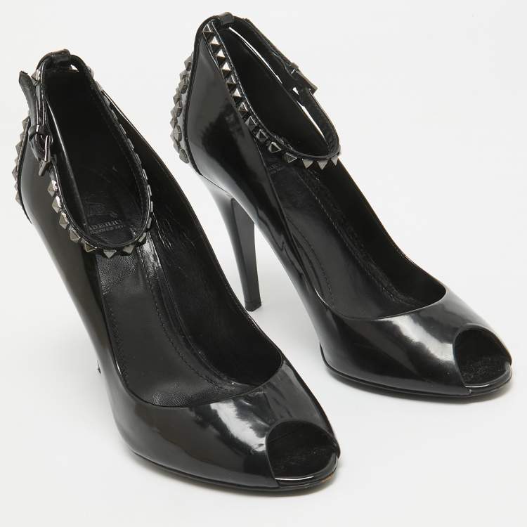 Pre Owned Burberry Black Patent Stud Peep Toe Pumps Size 40