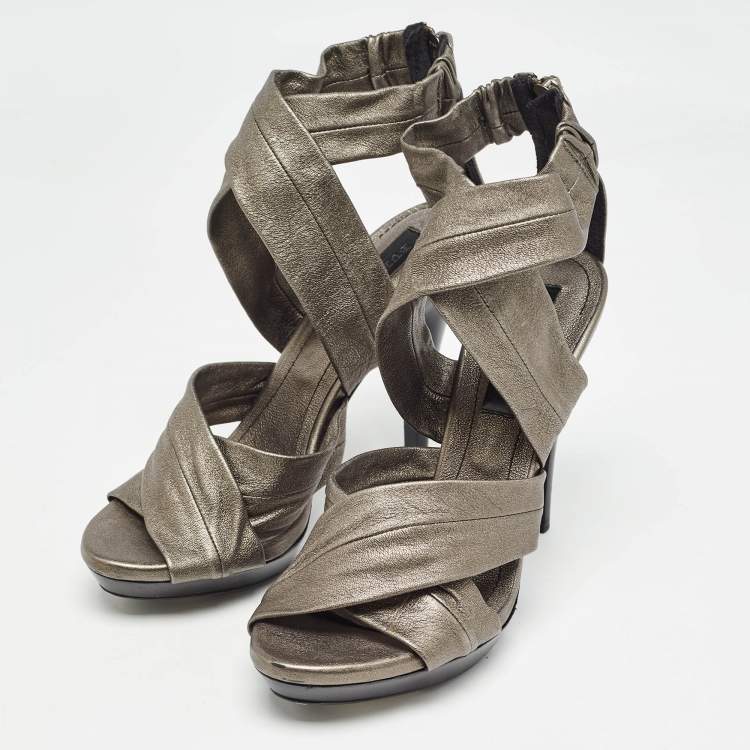 Pre Owned Burberry Grey Leather Platform Ankle Wrap Sandals Size 39