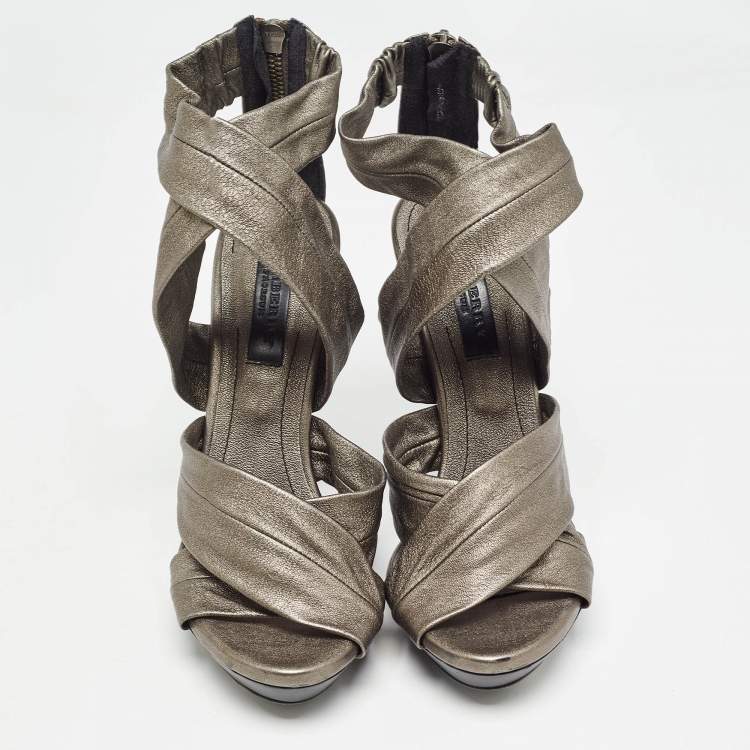 Pre Owned Burberry Grey Leather Platform Ankle Wrap Sandals Size 39
