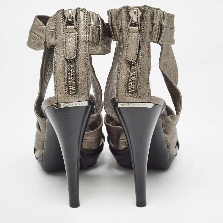 Pre Owned Burberry Grey Leather Platform Ankle Wrap Sandals Size 39