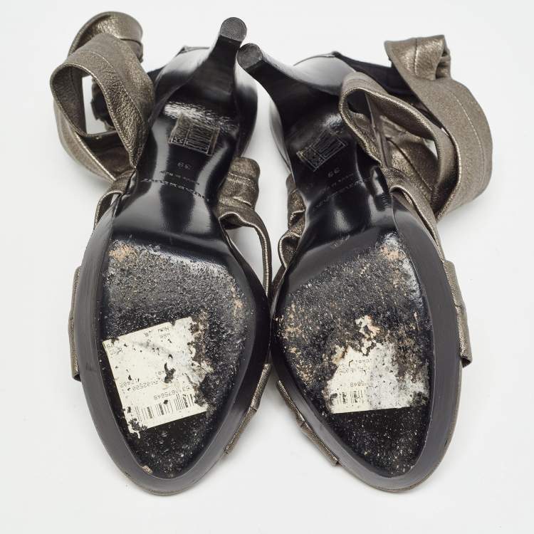 Pre Owned Burberry Grey Leather Platform Ankle Wrap Sandals Size 39