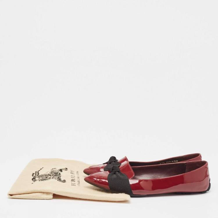 Pre Owned Burberry Burgundy Patent Leather Bow Ballet Flats Size 37.5