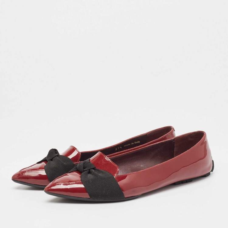 Pre Owned Burberry Burgundy Patent Leather Bow Ballet Flats Size 37.5