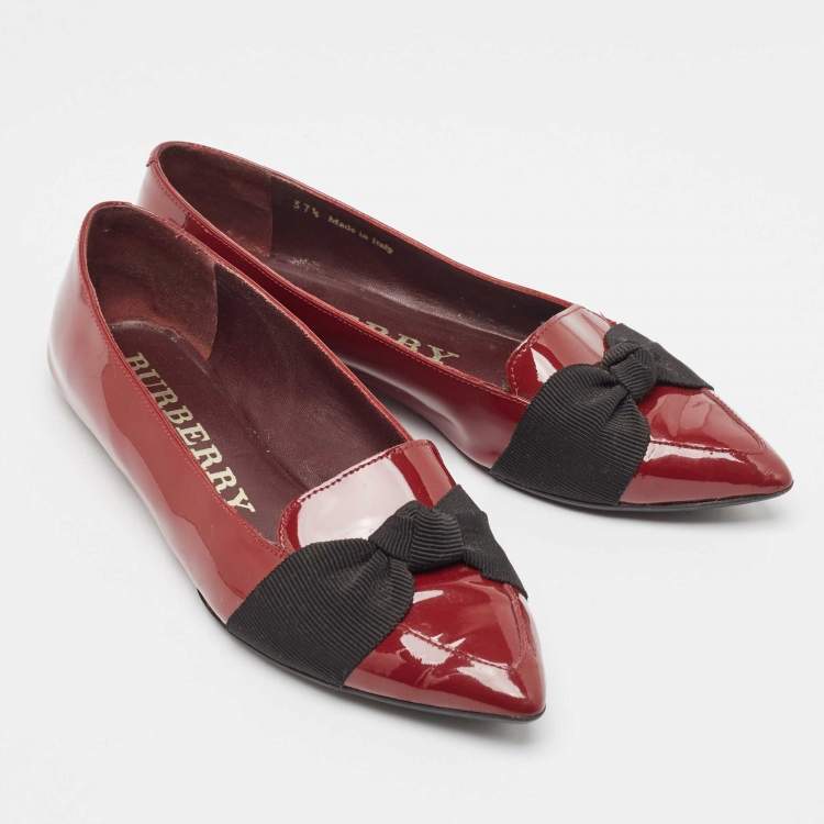 Pre Owned Burberry Burgundy Patent Leather Bow Ballet Flats Size 37.5