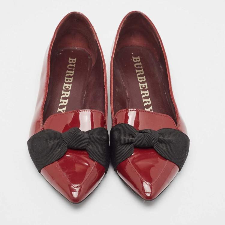 Pre Owned Burberry Burgundy Patent Leather Bow Ballet Flats Size 37.5