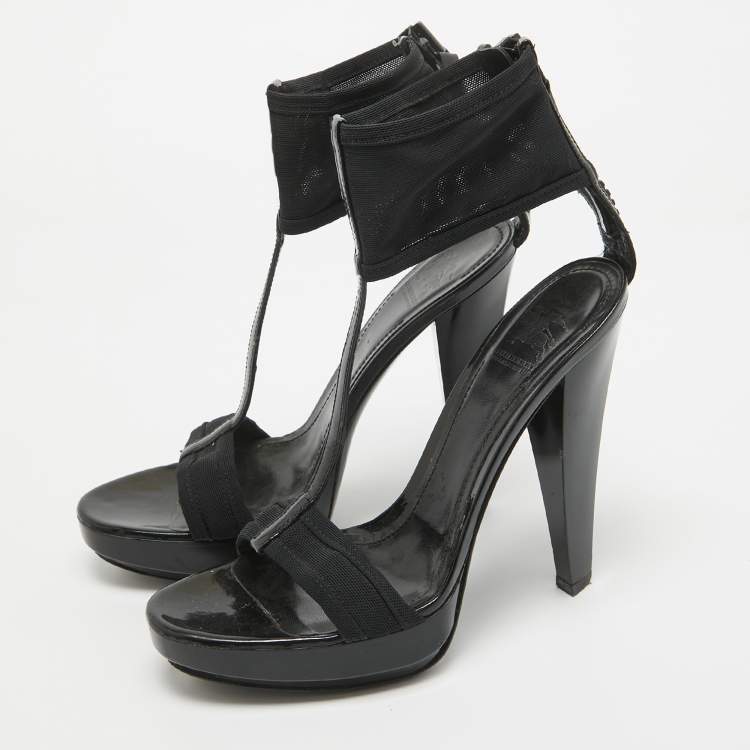 Pre Owned Burberry Black Lace and Patent Leather Ankle Strap Sandals Size 38