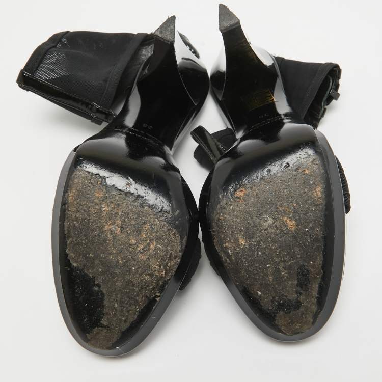 Pre Owned Burberry Black Lace and Patent Leather Ankle Strap Sandals Size 38