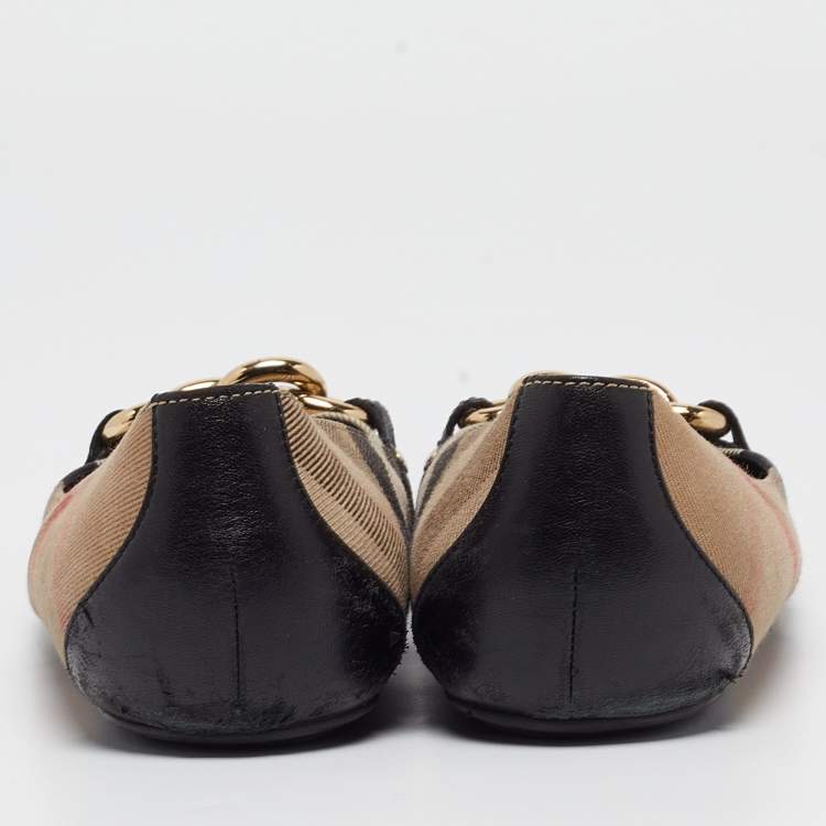 Pre Owned Burberry Black/Beige House check Chain Ballet Flats Size 39.5