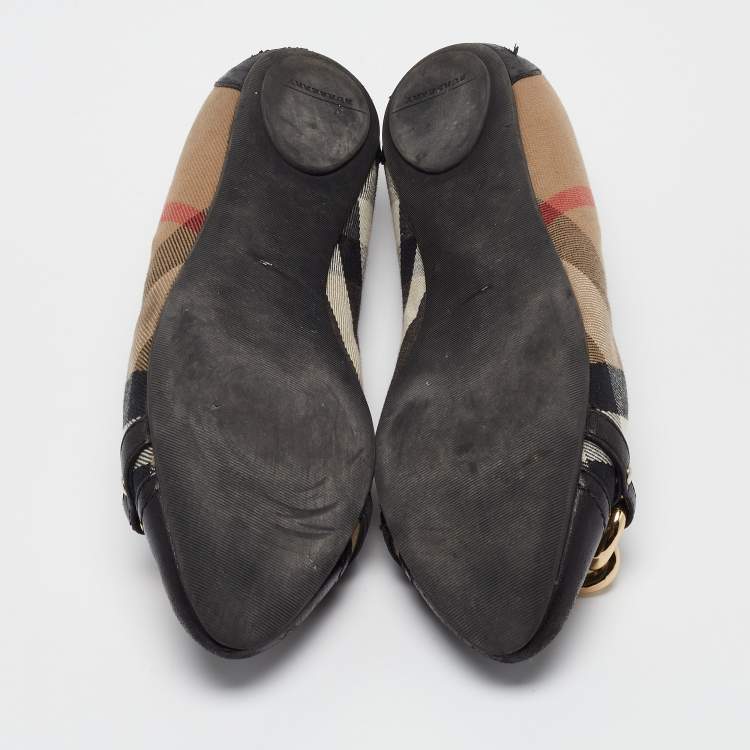 Pre Owned Burberry Black/Beige House check Chain Ballet Flats Size 39.5