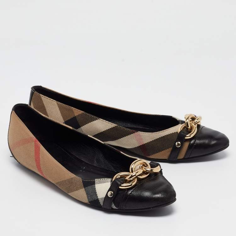 Pre Owned Burberry Black/Beige House check Chain Ballet Flats Size 39.5