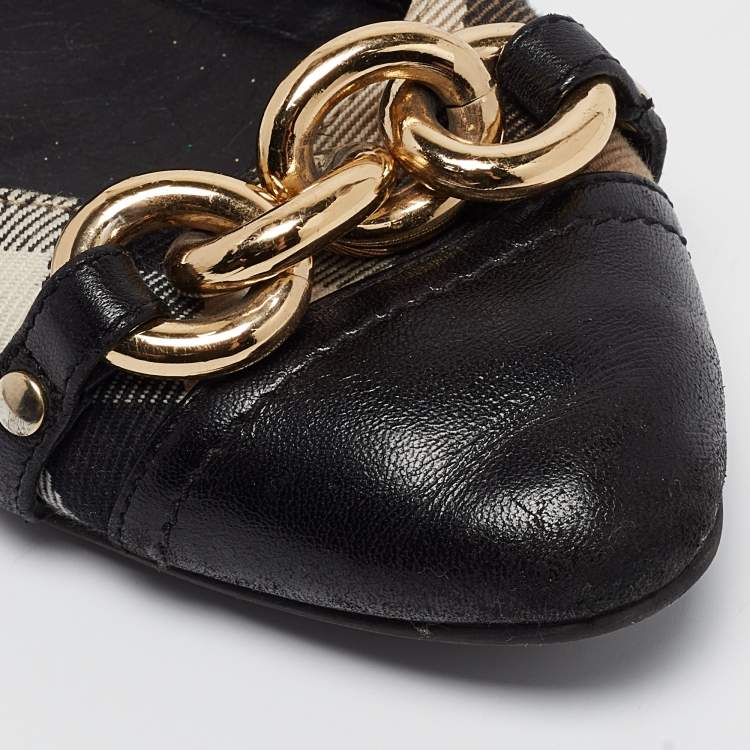 Pre Owned Burberry Black/Beige House check Chain Ballet Flats Size 39.5