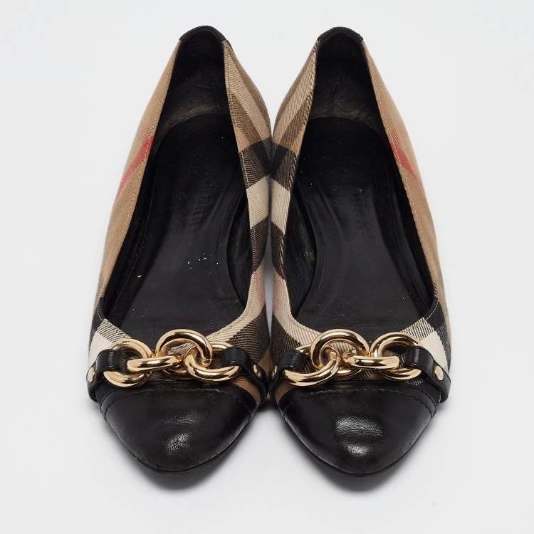 Pre Owned Burberry Black/Beige House check Chain Ballet Flats Size 39.5