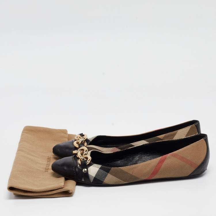 Pre Owned Burberry Black/Beige House check Chain Ballet Flats Size 39.5