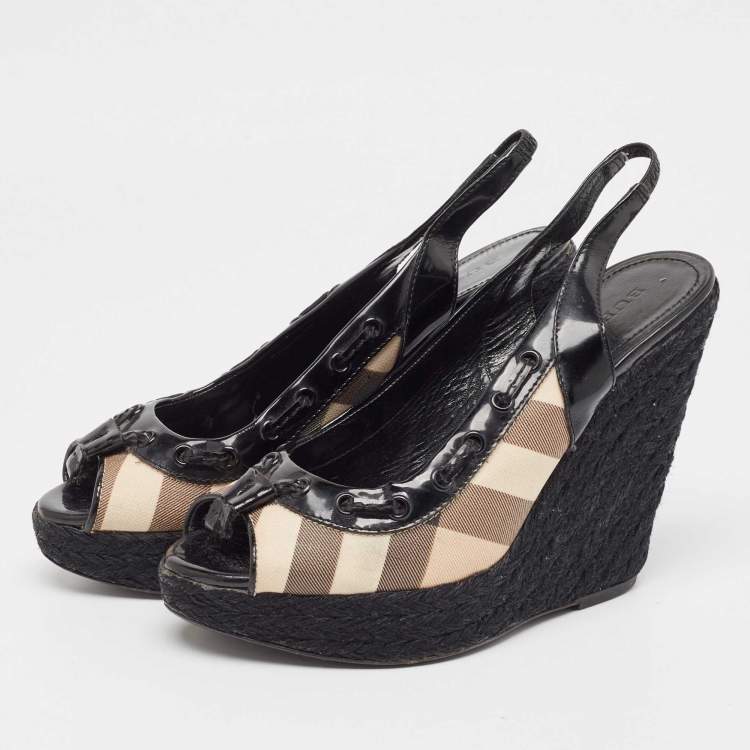 Pre Owned Burberry  Black/Beige Canvas and Patent Wedge Sandals Size 39