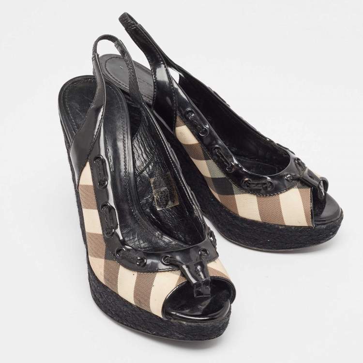 Pre Owned Burberry  Black/Beige Canvas and Patent Wedge Sandals Size 39