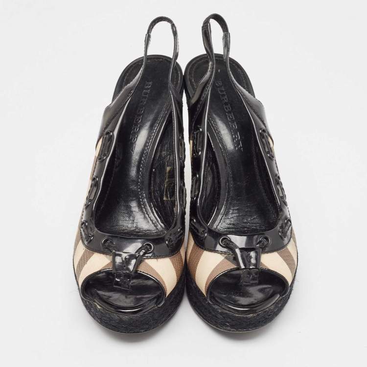 Pre Owned Burberry  Black/Beige Canvas and Patent Wedge Sandals Size 39