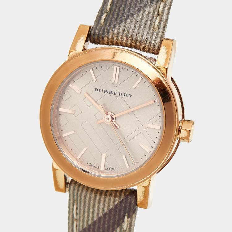 Pre Owned Burberry Rose Gold PVD Coated Stainless Steel Canvas Leather The City BU9236 Women's Wristwatch 26 mm