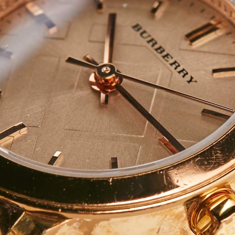 Pre Owned Burberry Rose Gold PVD Coated Stainless Steel Canvas Leather The City BU9236 Women's Wristwatch 26 mm