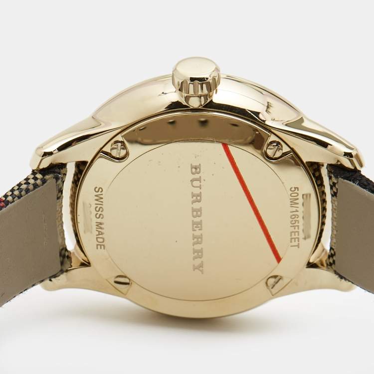 Pre Owned Burberry Yellow Gold Plated Stainless Steel Leather Canvas The Classic BU10103 Women's Wristwatch 32 mm