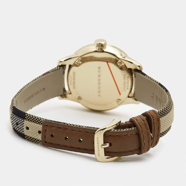Pre Owned Burberry Yellow Gold Plated Stainless Steel Leather Canvas The Classic BU10103 Women's Wristwatch 32 mm