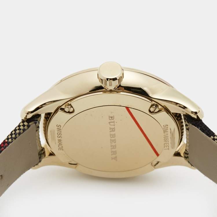 Pre Owned Burberry Yellow Gold Plated Stainless Steel Leather Canvas The Classic BU10103 Women's Wristwatch 32 mm