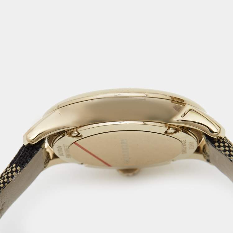 Pre Owned Burberry Yellow Gold Plated Stainless Steel Leather Canvas The Classic BU10103 Women's Wristwatch 32 mm