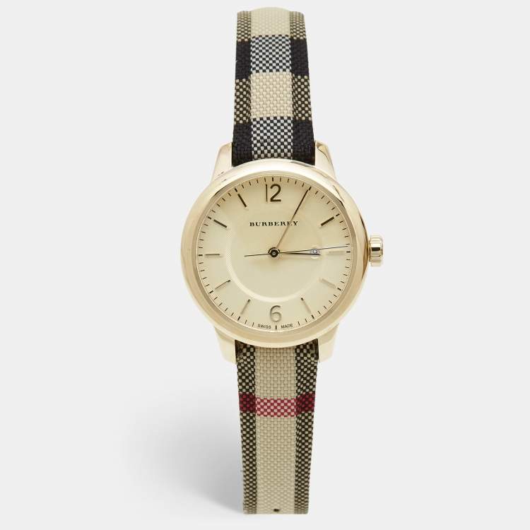 Pre Owned Burberry Yellow Gold Plated Stainless Steel Leather Canvas The Classic BU10103 Women's Wristwatch 32 mm