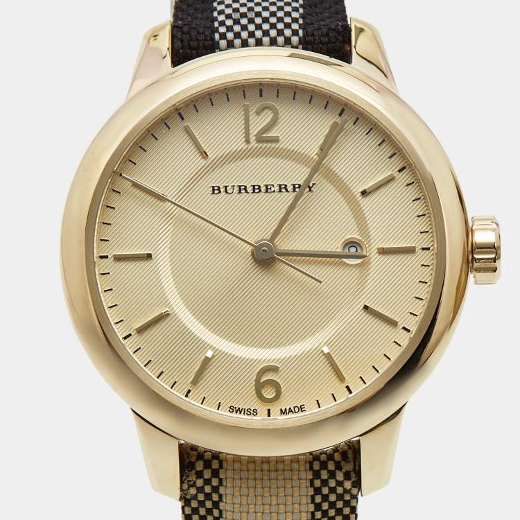 Pre Owned Burberry Yellow Gold Plated Stainless Steel Leather Canvas The Classic BU10103 Women's Wristwatch 32 mm