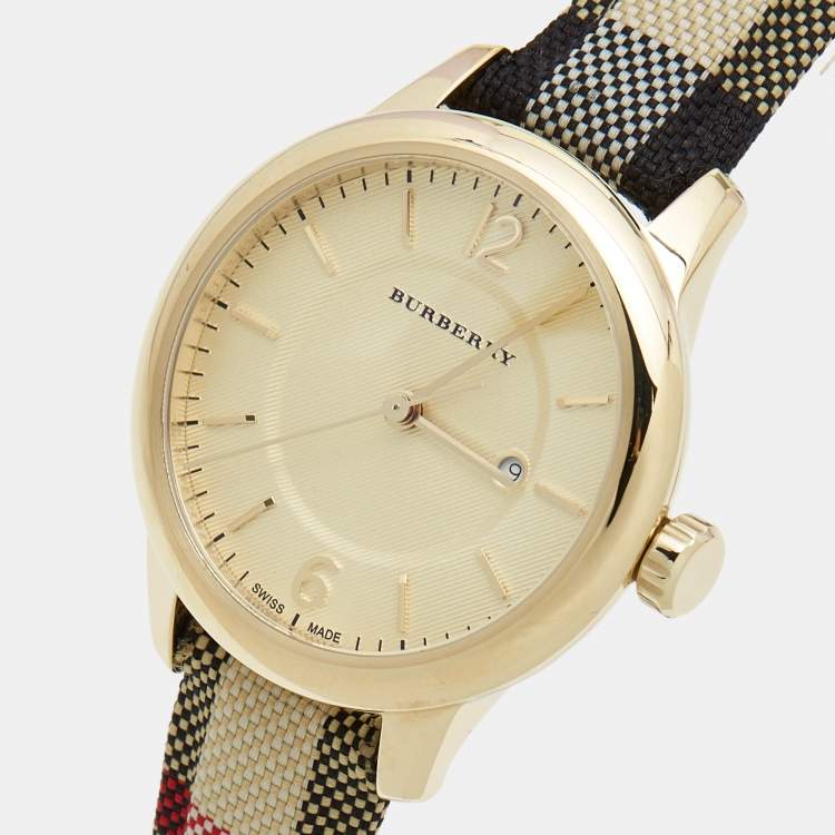 Pre Owned Burberry Yellow Gold Plated Stainless Steel Leather Canvas The Classic BU10103 Women's Wristwatch 32 mm