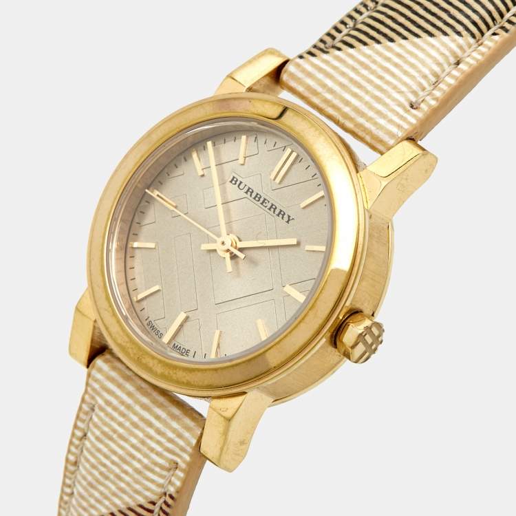 Pre Owned Burberry Champagne Yellow Gold Plated Stainless Steel Leather The City BU9219 Women's Wristwatch 26 mm 