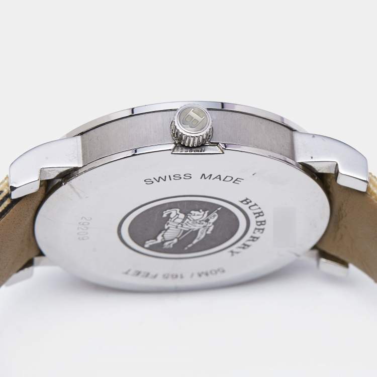 Pre Owned Burberry Silver Stainless Steel Canvas Nova Check BU1390 Women's Wristwatch 38  mm