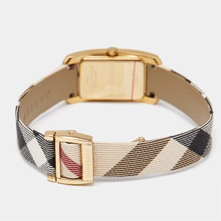 Pre Owned Burberry Champagne Gold Plated Stainless Steel Canvas The Pioneer BU9509 Women's Wristwatch 20 mm