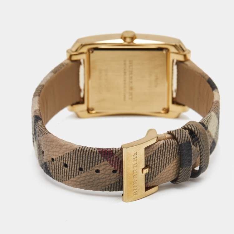 Pre Owned Burberry Champagne Gold Plated Stainless Steel Canvas Nova Check BU1579 Unisex Wristwatch 33 mm