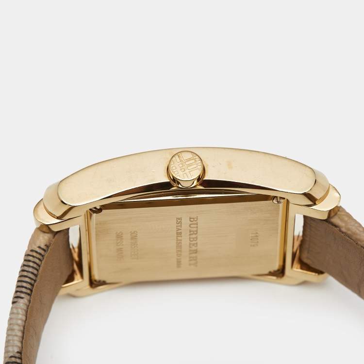 Pre Owned Burberry Champagne Gold Plated Stainless Steel Canvas Nova Check BU1579 Unisex Wristwatch 33 mm