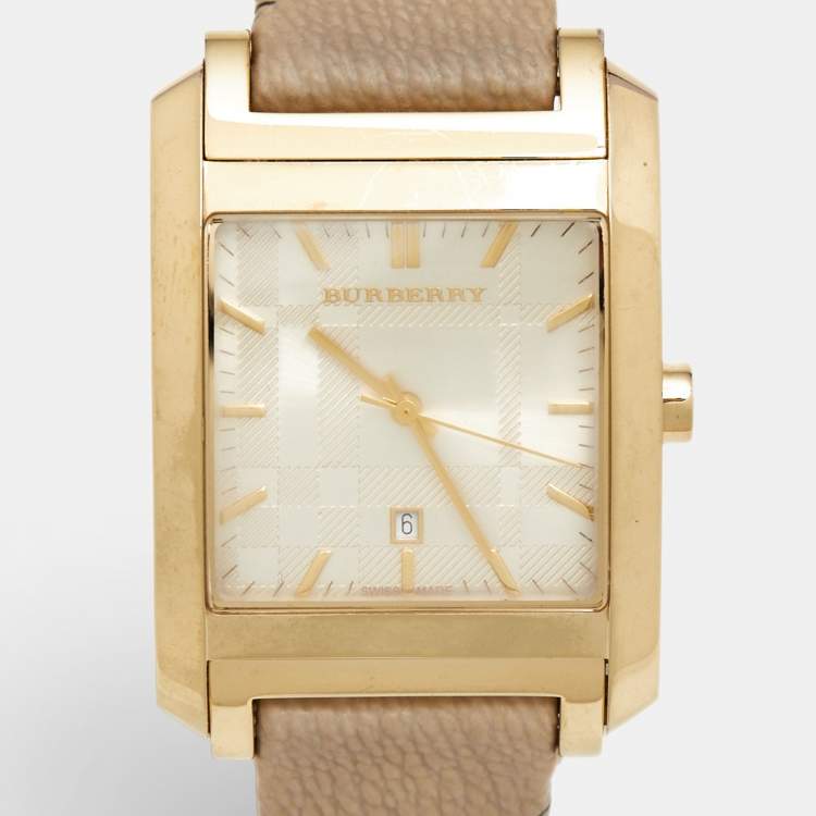 Pre Owned Burberry Champagne Gold Plated Stainless Steel Canvas Nova Check BU1579 Unisex Wristwatch 33 mm