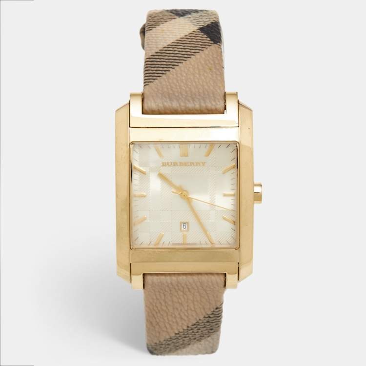 Pre Owned Burberry Champagne Gold Plated Stainless Steel Canvas Nova Check BU1579 Unisex Wristwatch 33 mm